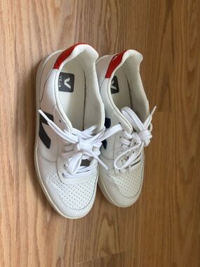 Veja Women’s White Sneakers with Red Heel and Navy V Logo